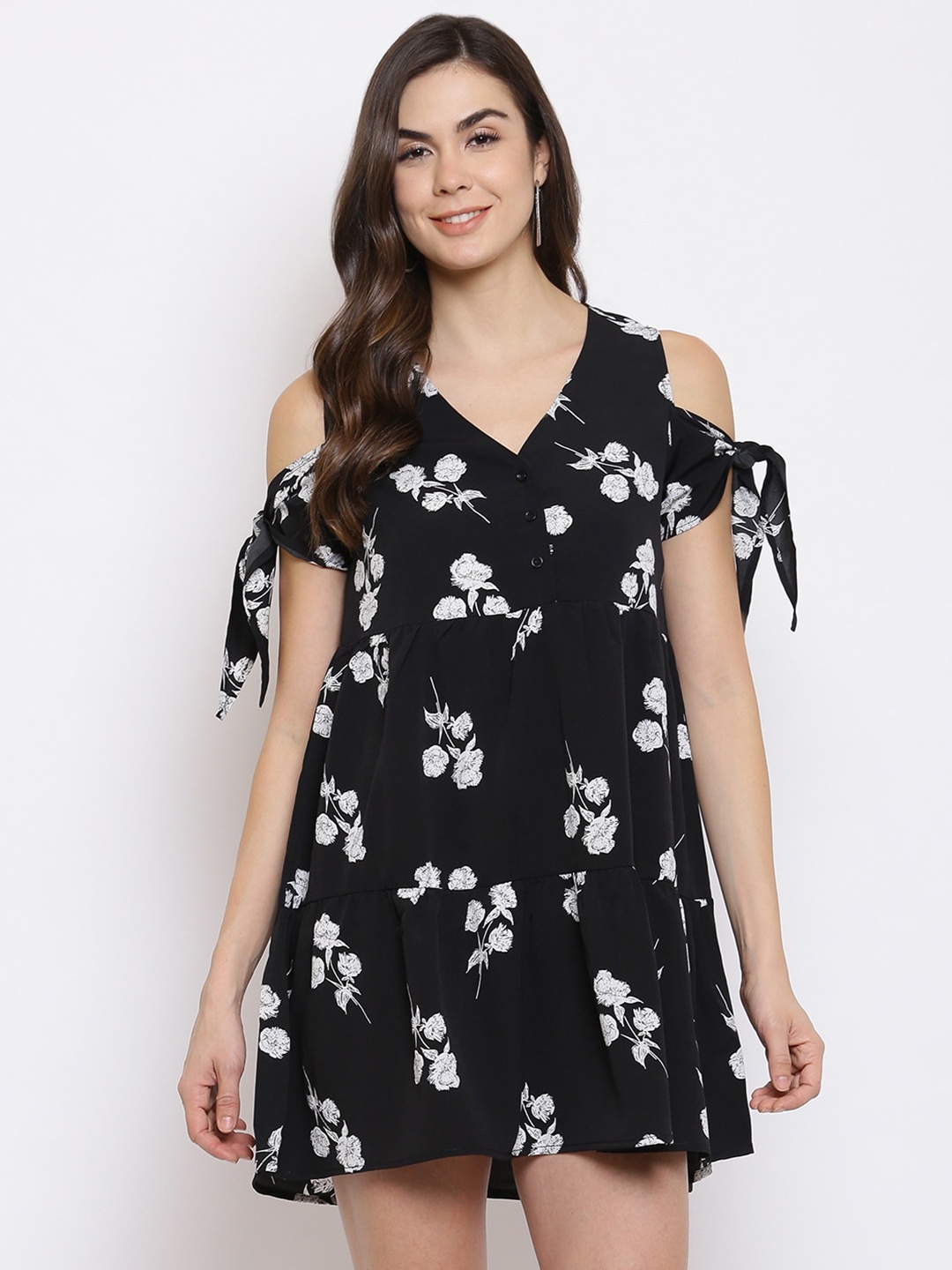 

Mayra Floral A-Line Cold-Shoulder Mini Dress, Black