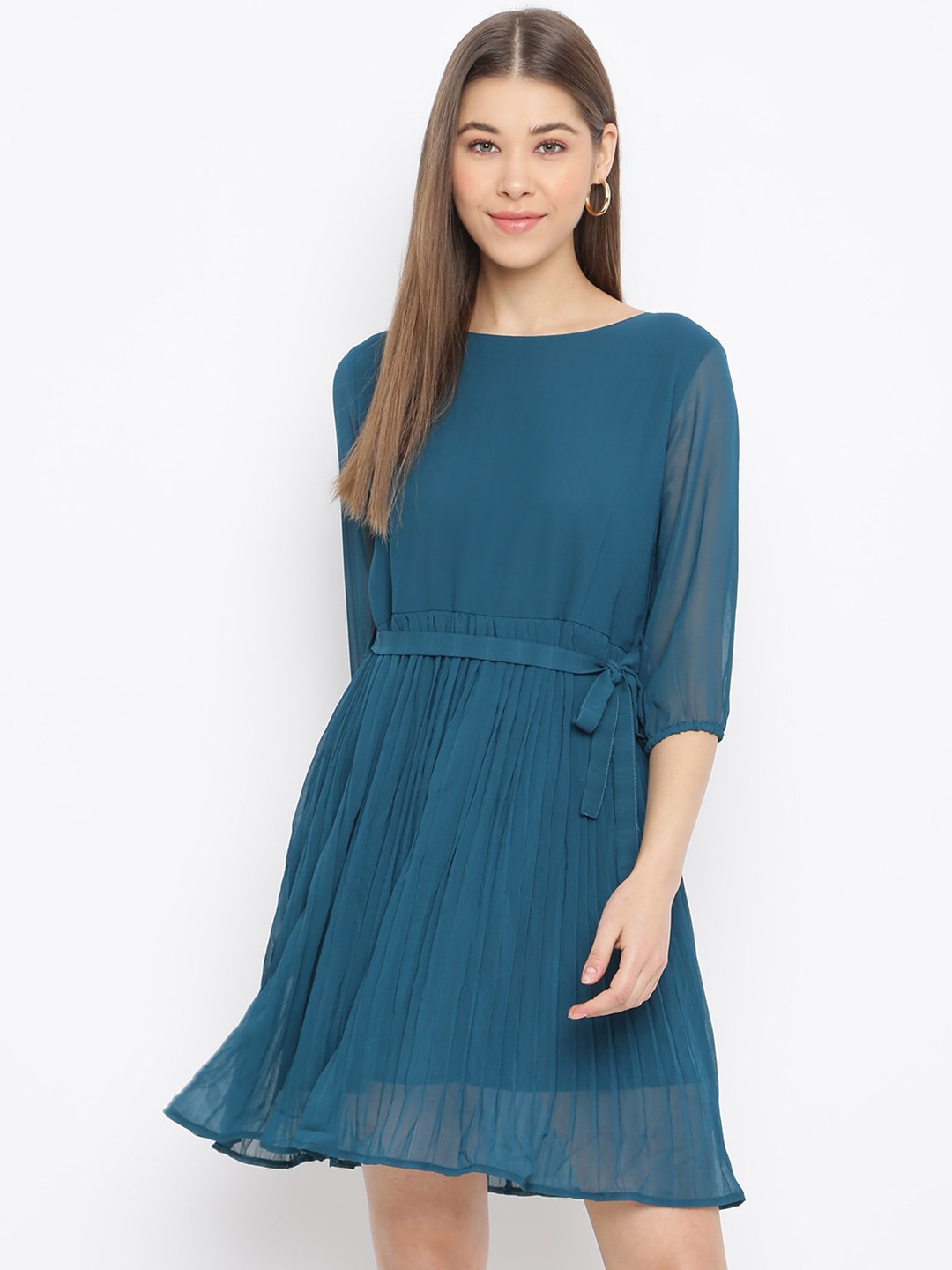 

Mayra Round Neck Puff Sleeves Accordion Pleats Georgette Dress, Teal