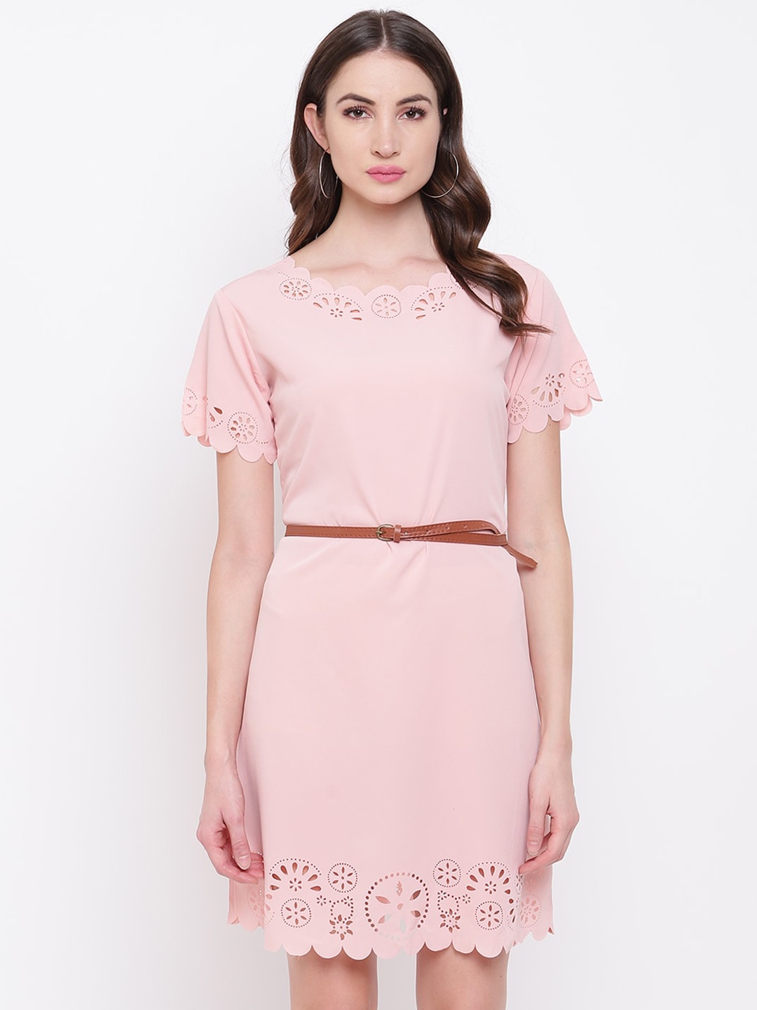 

Mayra Self Design Round Neck Schiffli A-Line Dress, Pink