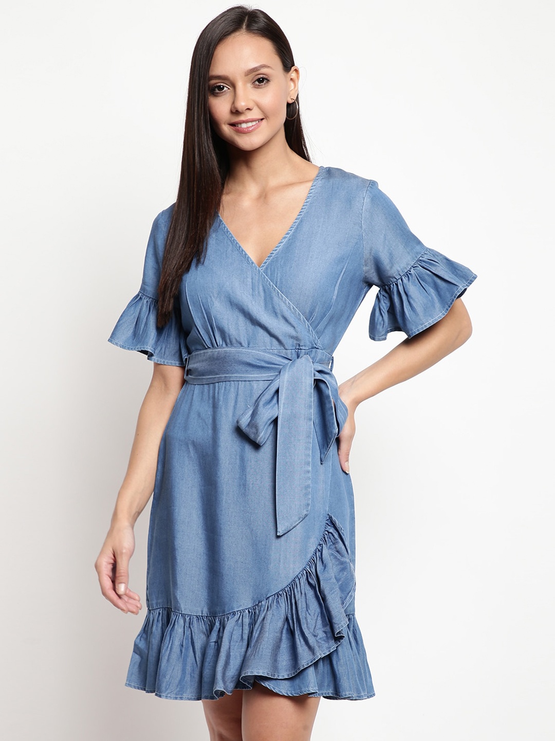 

Mayra V-Neck Ruffled Tie-Up Wrap Dress, Blue