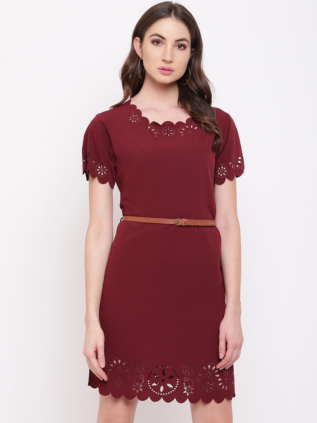 

Mayra Scalloped Neck Sheath Dress, Maroon