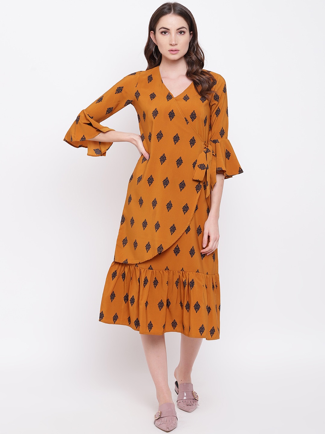 

Mayra Ethnic Motifs Printed Bell Sleeves Wrap Style Midi Dress, Mustard
