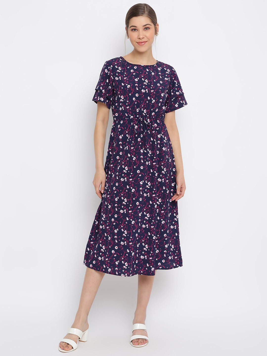 

Mayra Tie-Up Floral Printed A-Line Midi Dress, Blue