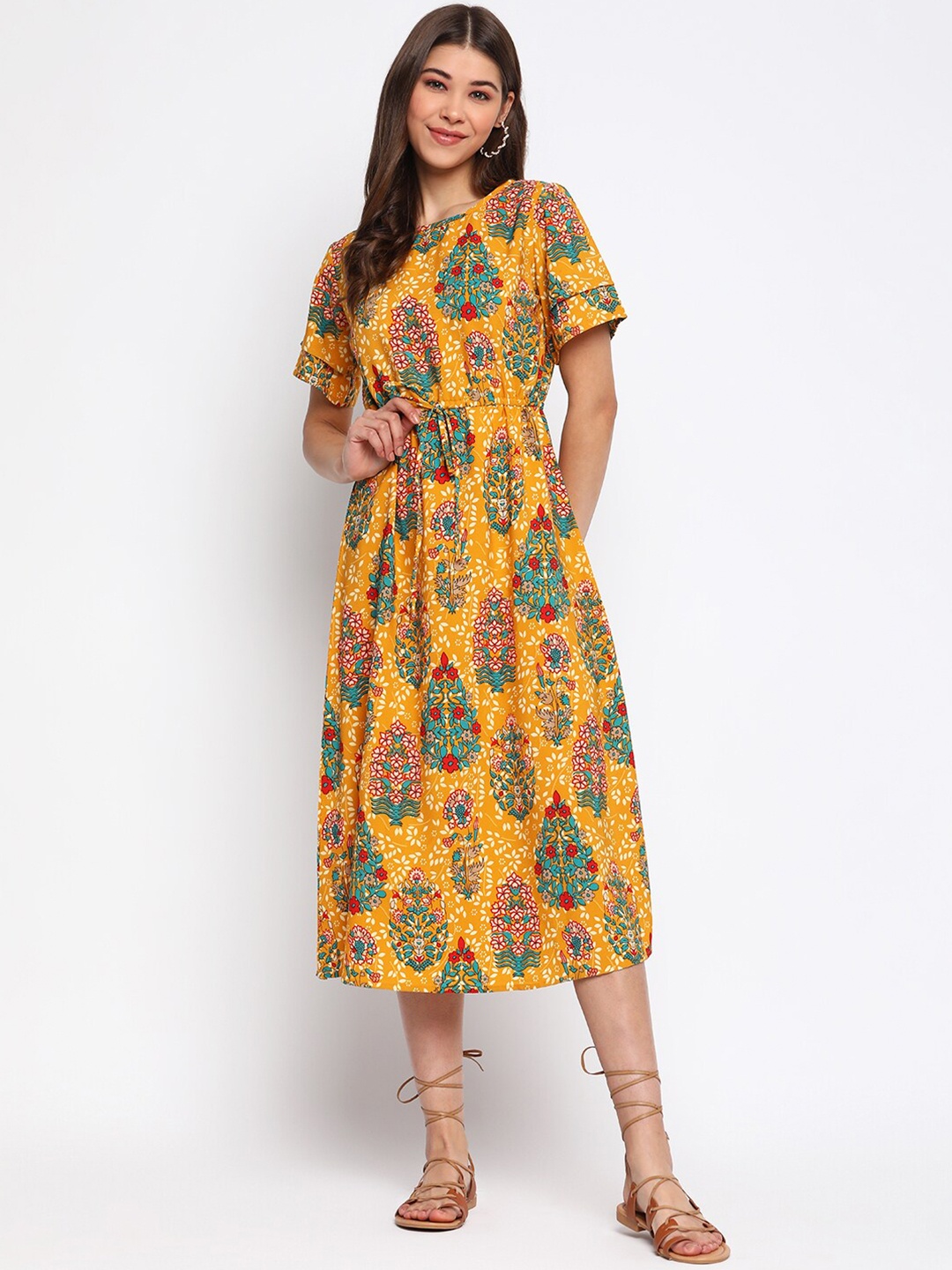 

Mayra Floral Printed Midi A-Line Dress, Yellow