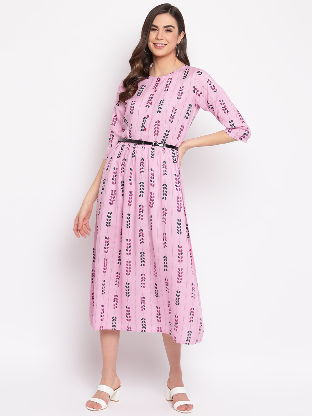

Mayra Floral Printed A-Line Midi Dress, Pink