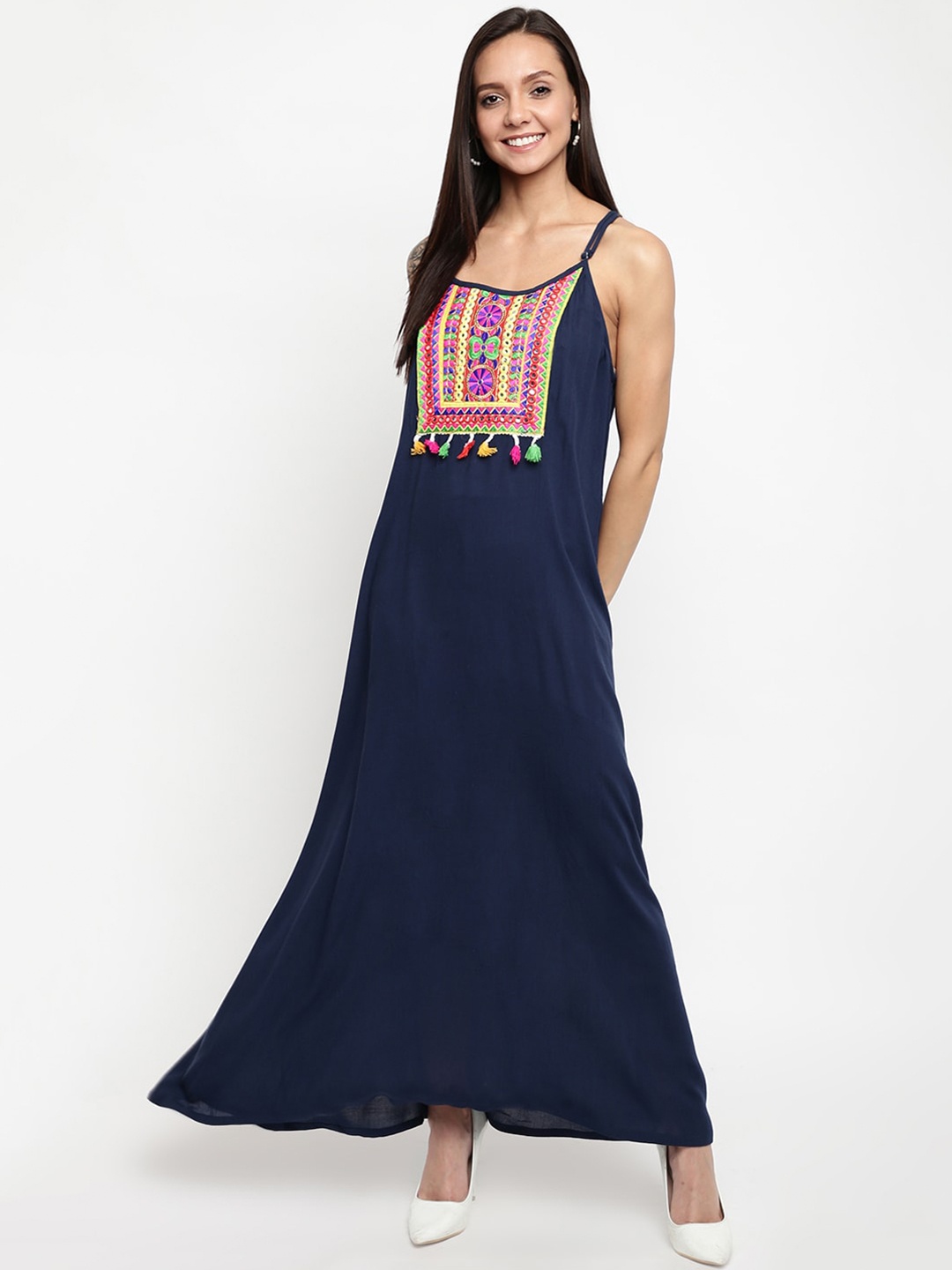 

Mayra Floral Embroidered Shoulder Straps Maxi Dress, Navy blue