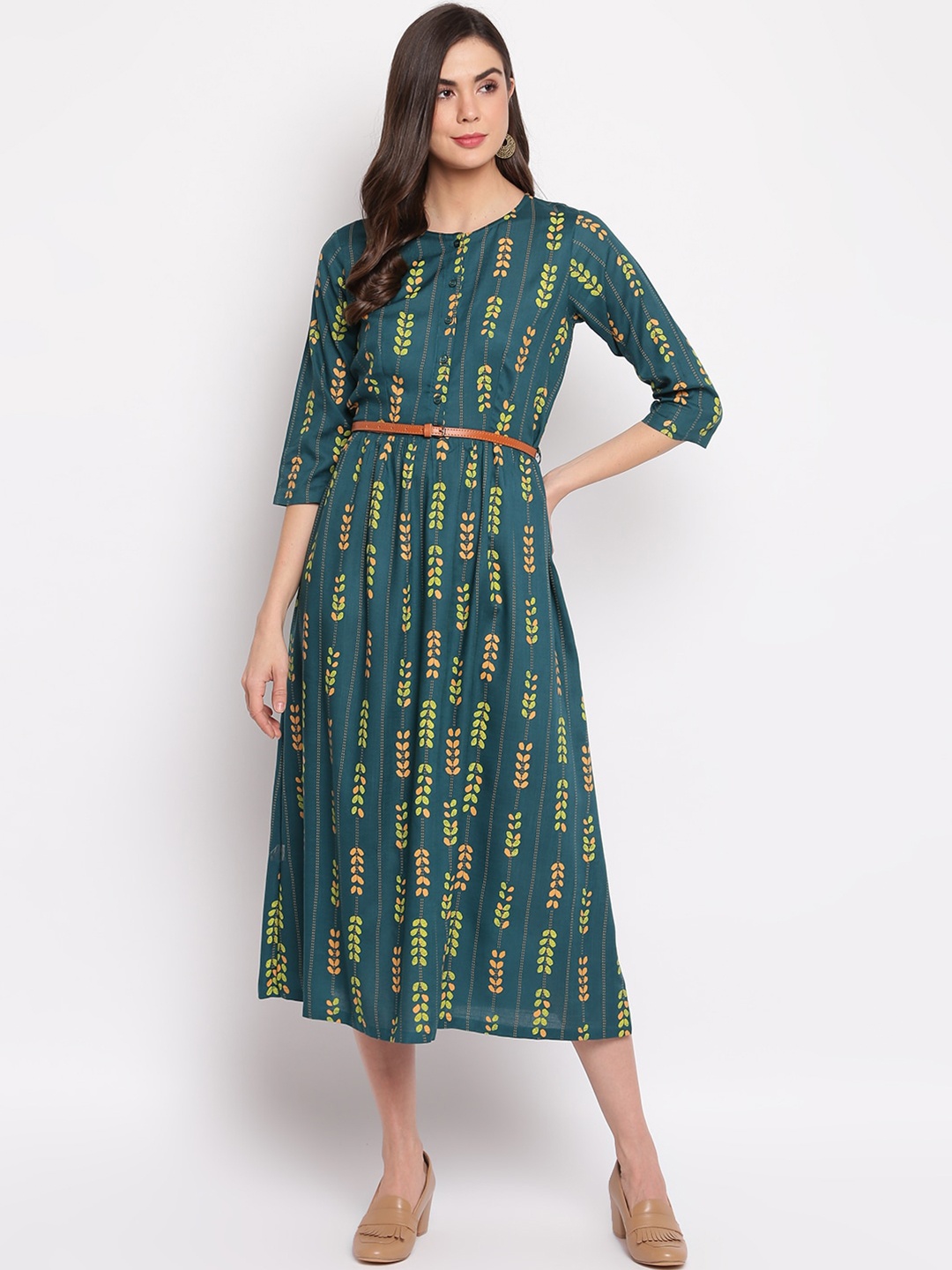 

Mayra Ethnic Motifs Printed A-Line Midi Dress, Green