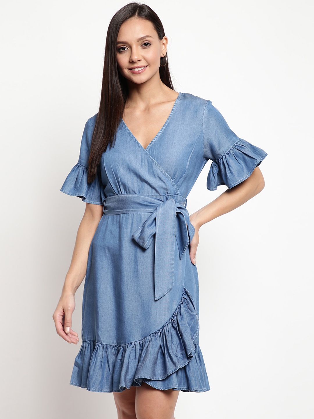 

Mayra V-Neck Bell Sleeves Cotton Wrap Dress, Blue