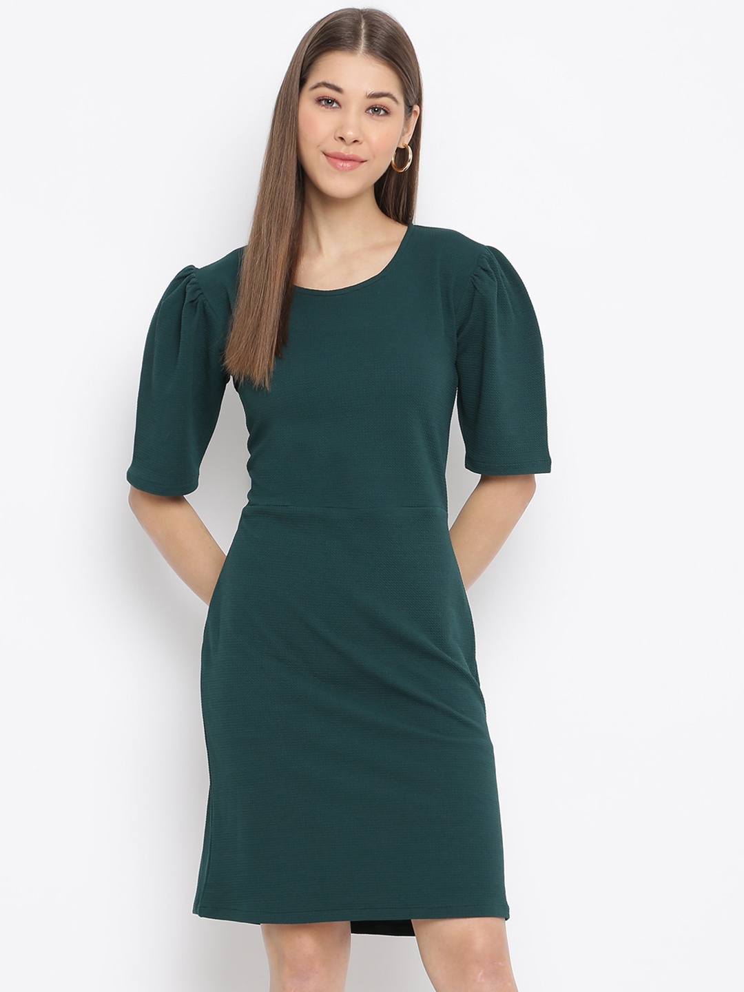 

Mayra Puff Sleeves Round Neck Sheath Dress, Green