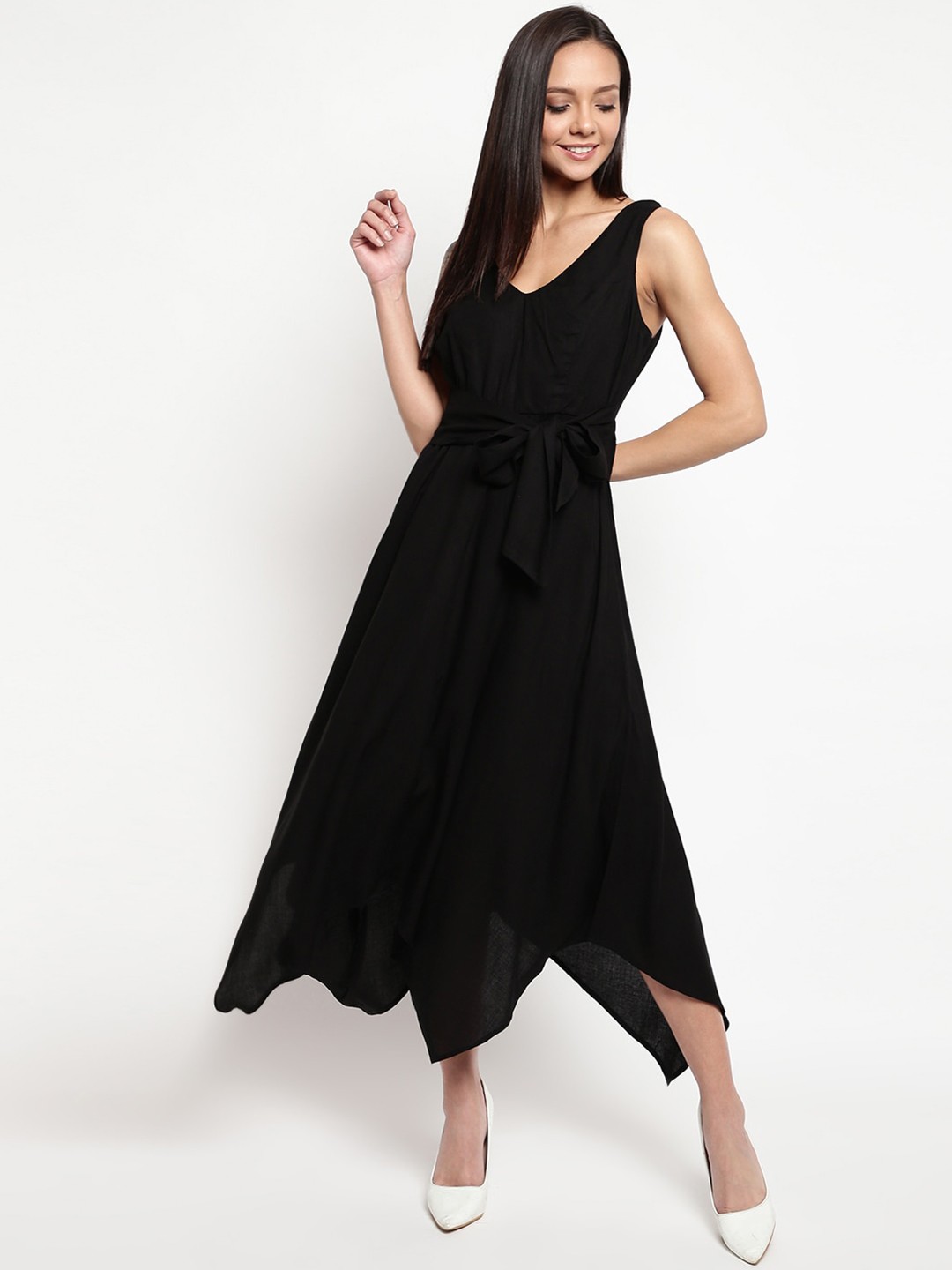 

Mayra V-Neck Tie-Up Maxi Midi Dress, Black