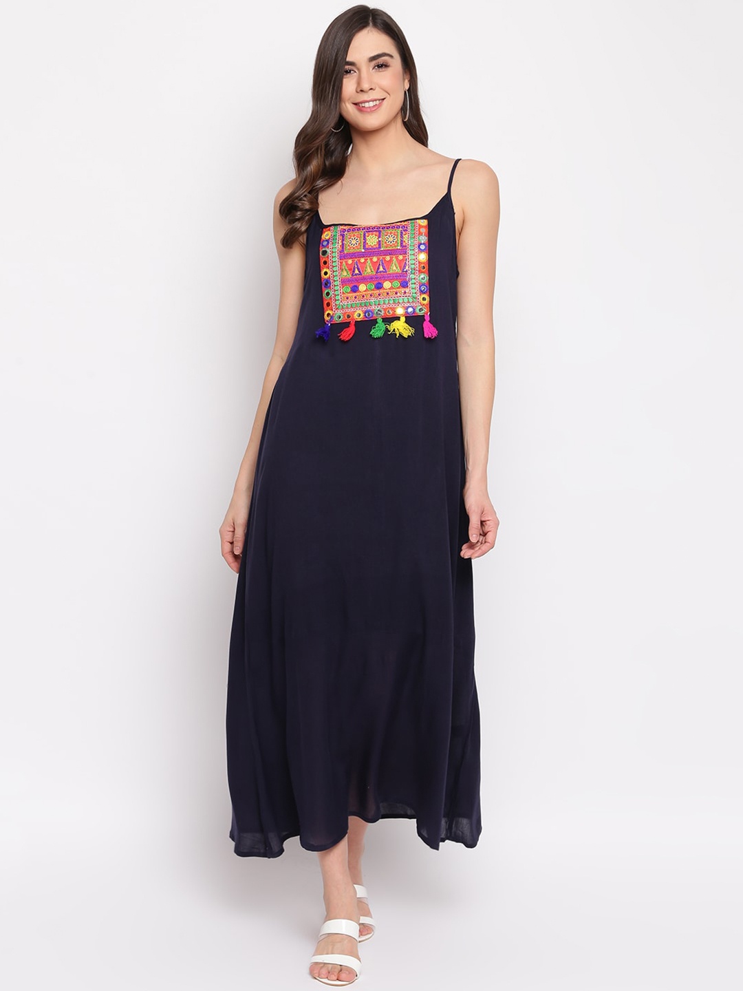 

Mayra Shoulder Straps Tribal Embroidered Maxi Dress, Navy blue
