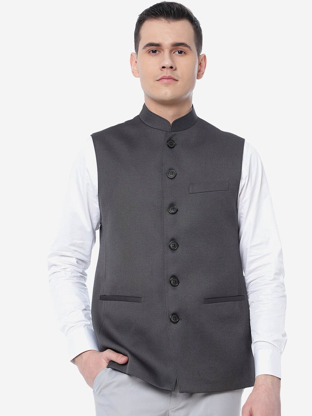 

JADE BLUE Checked Regular Fit Nehru Jacket, Grey