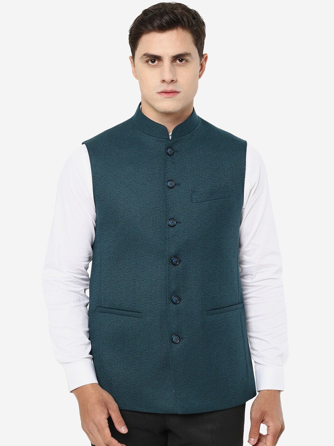 

JADE BLUE Woven Design Woolen Nehru Jacket, Teal