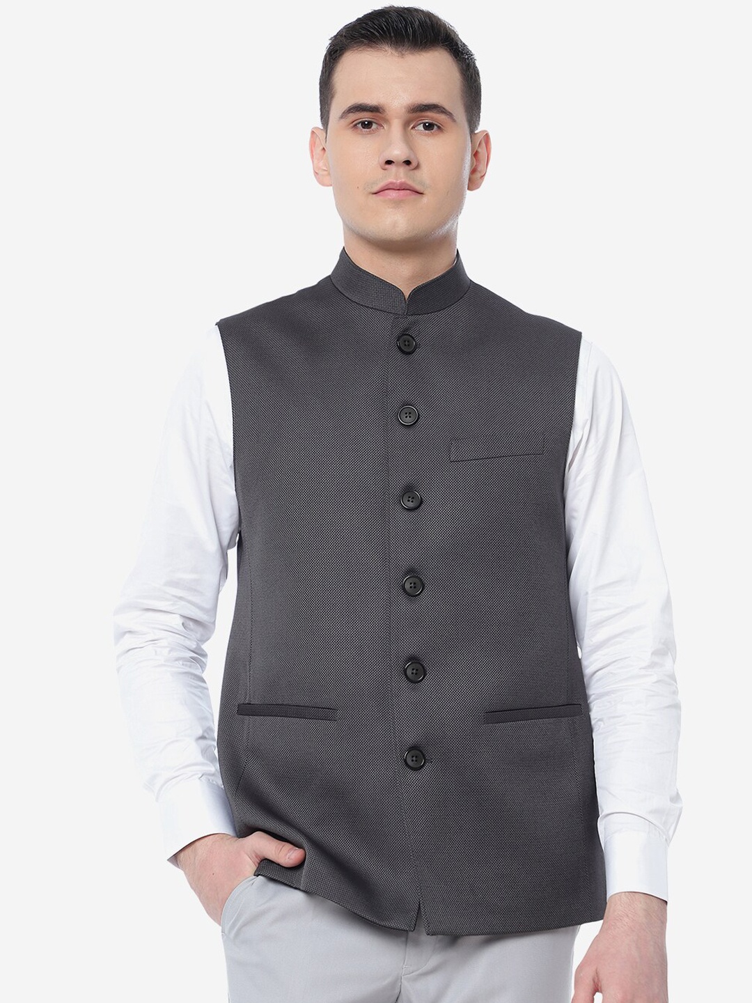 

JADE BLUE Checked Regular Fit Nehru Jacket, Grey