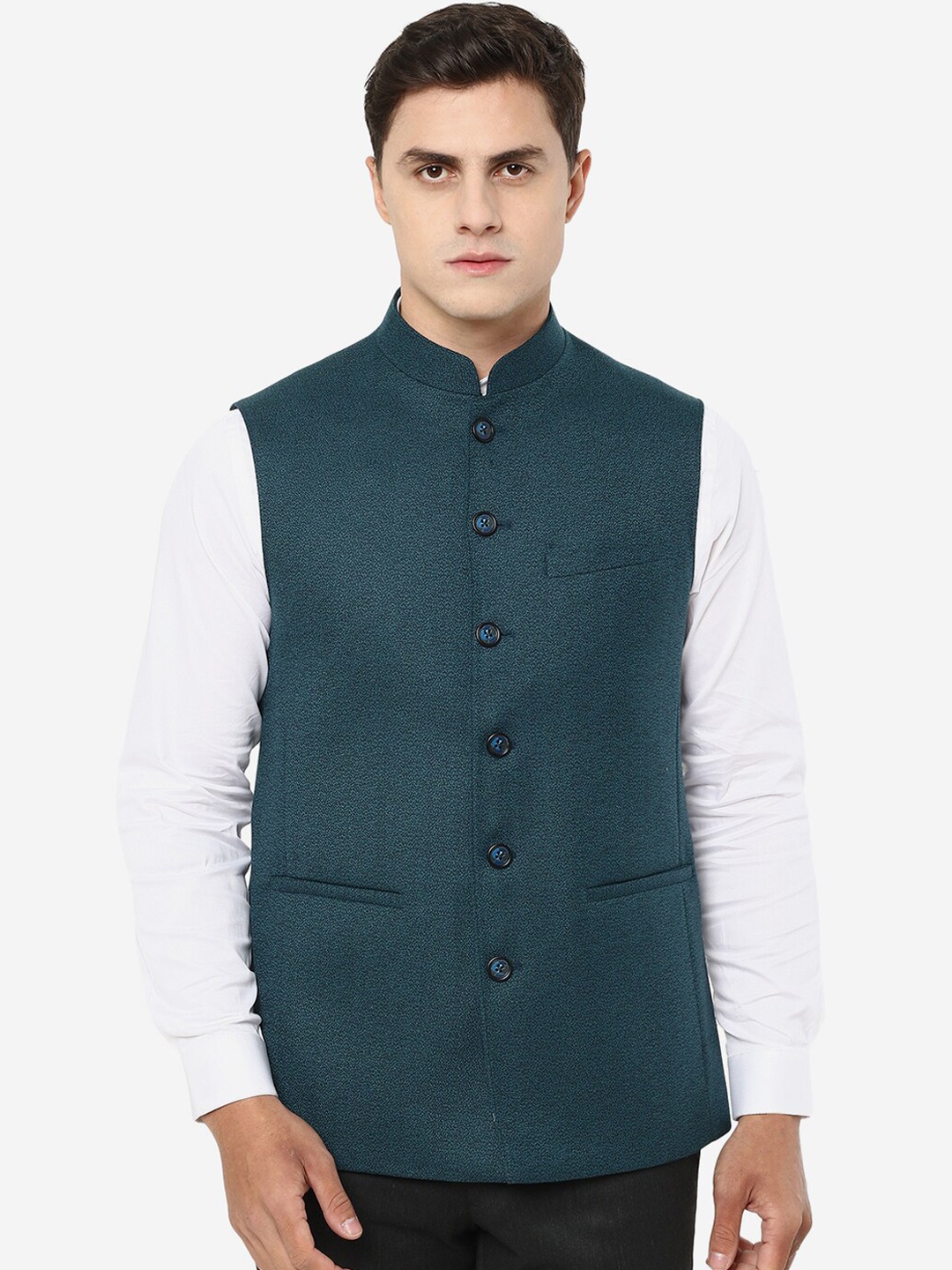 

JADE BLUE Woven Design Woolen Nehru Jacket, Green