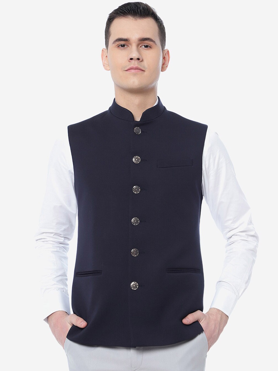 

Greenfibre Woven Regular Fit Nehru Jacket, Blue