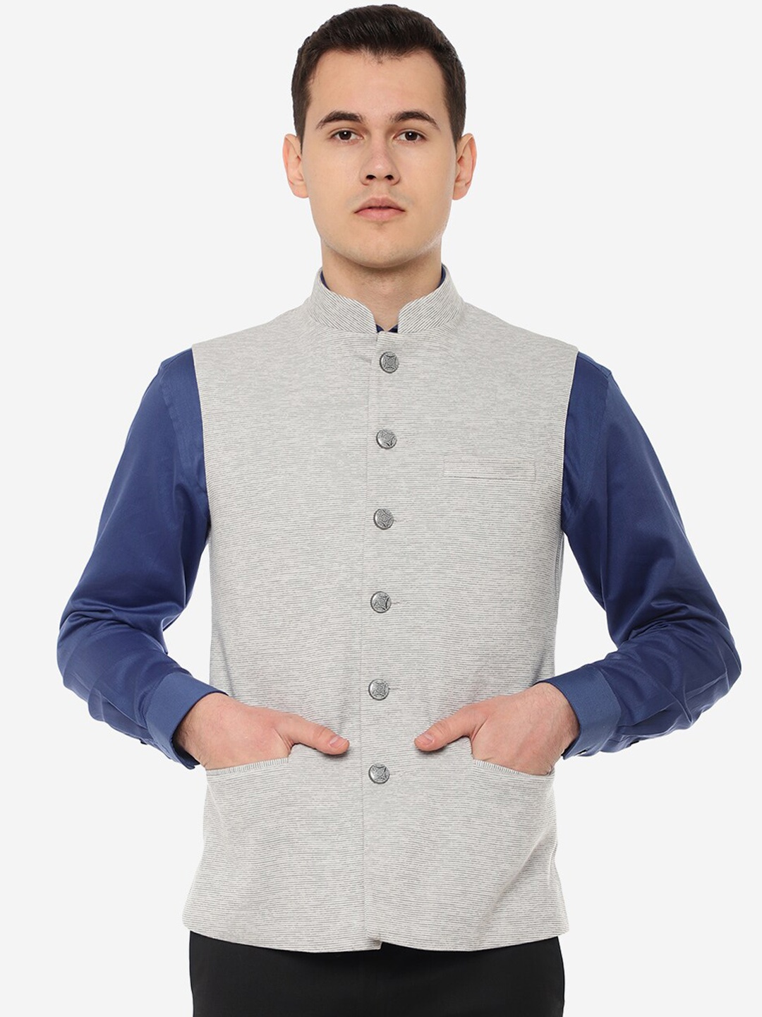 

Greenfibre Striped Woven Nehru Jacket, Grey