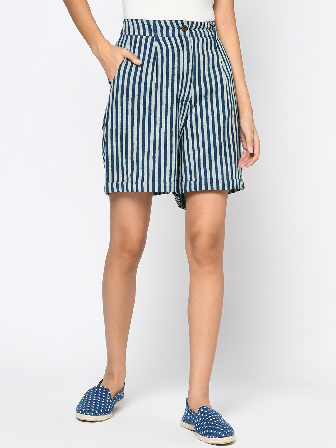 

Fabindia Women Cotton Linen Striped Shorts, Blue