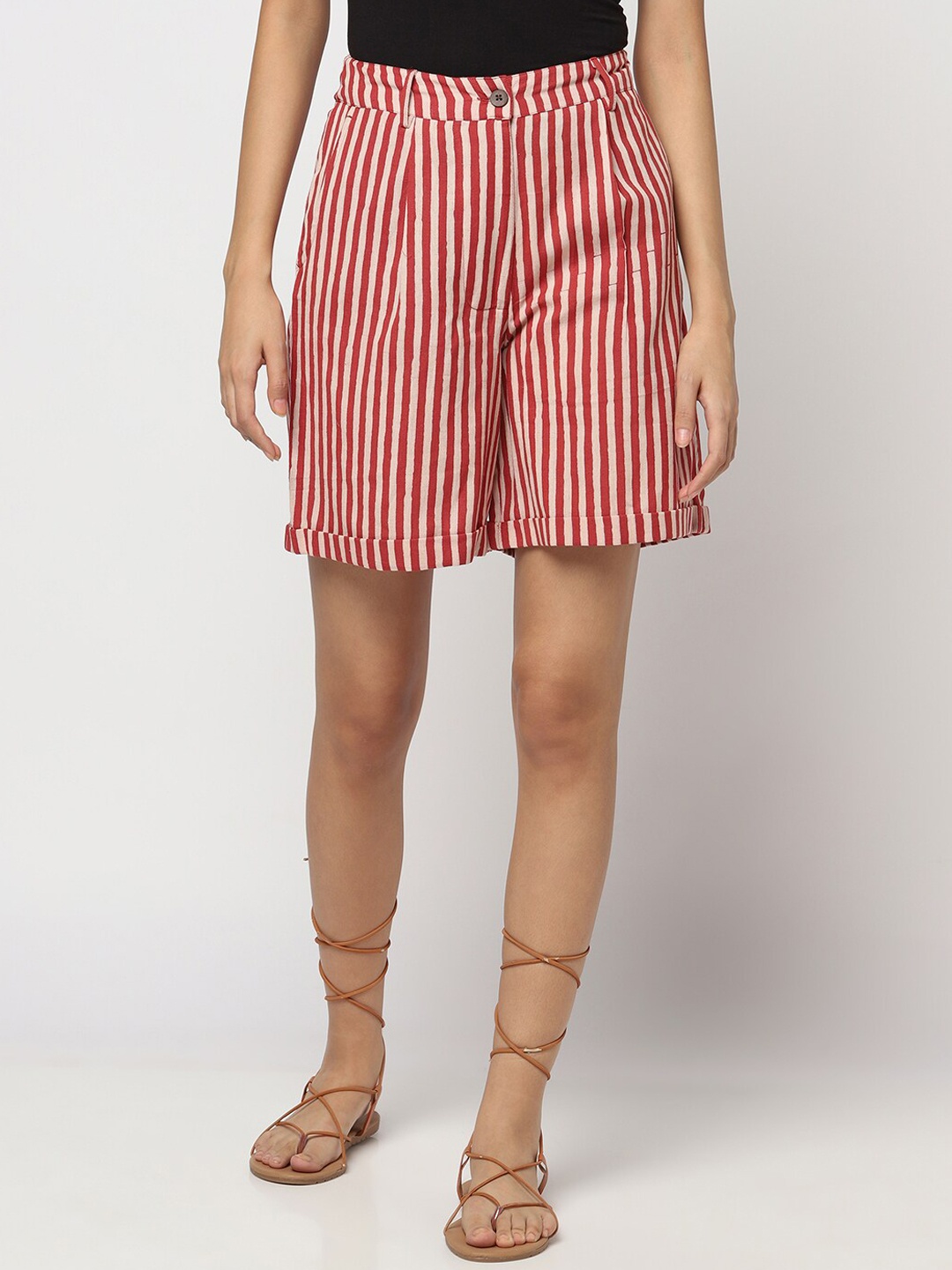 

Fabindia Women Cotton Linen Striped Shorts, Red