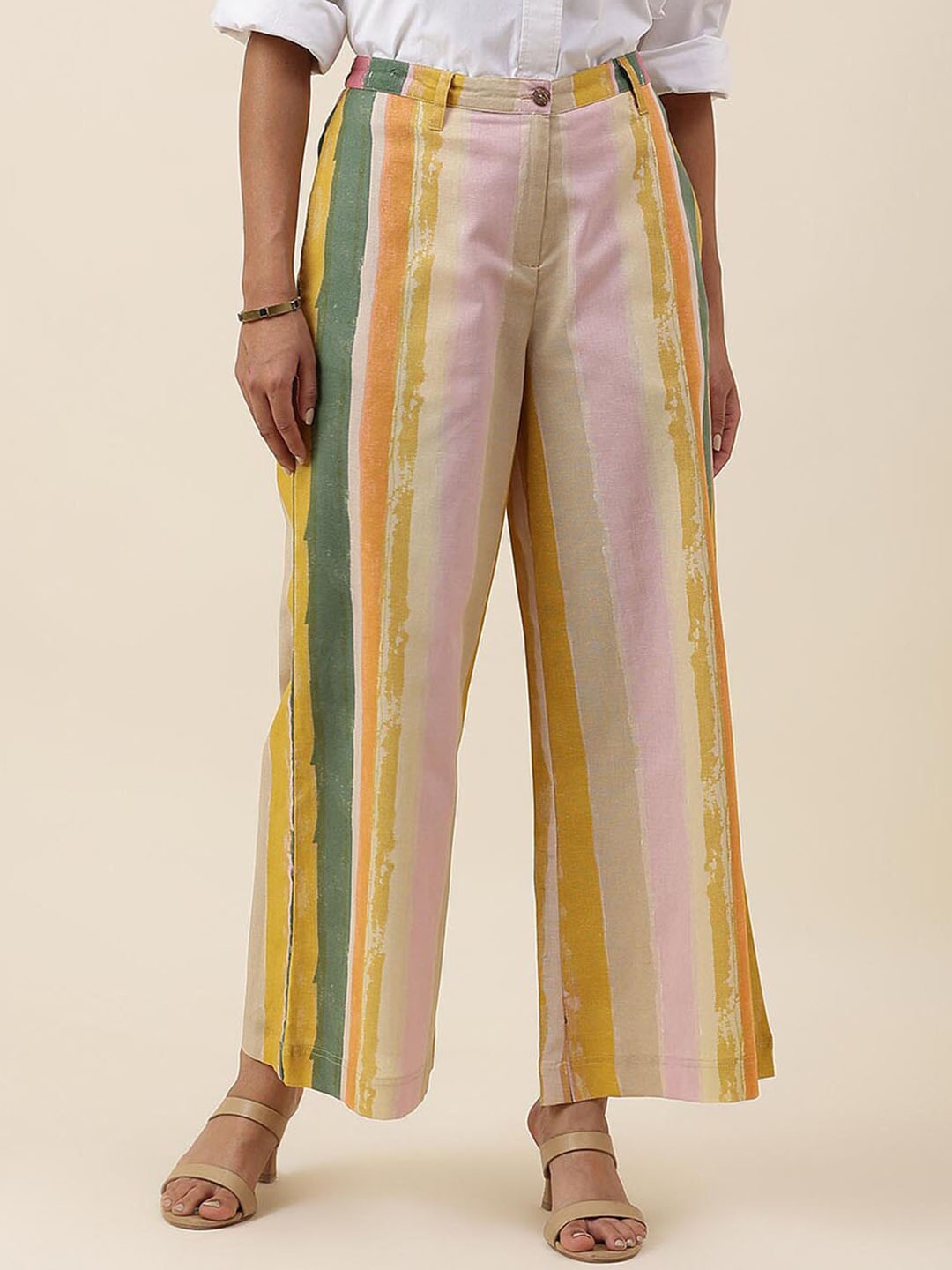 

Fabindia Women Striped Straight Fit Cotton Trousers, Pink