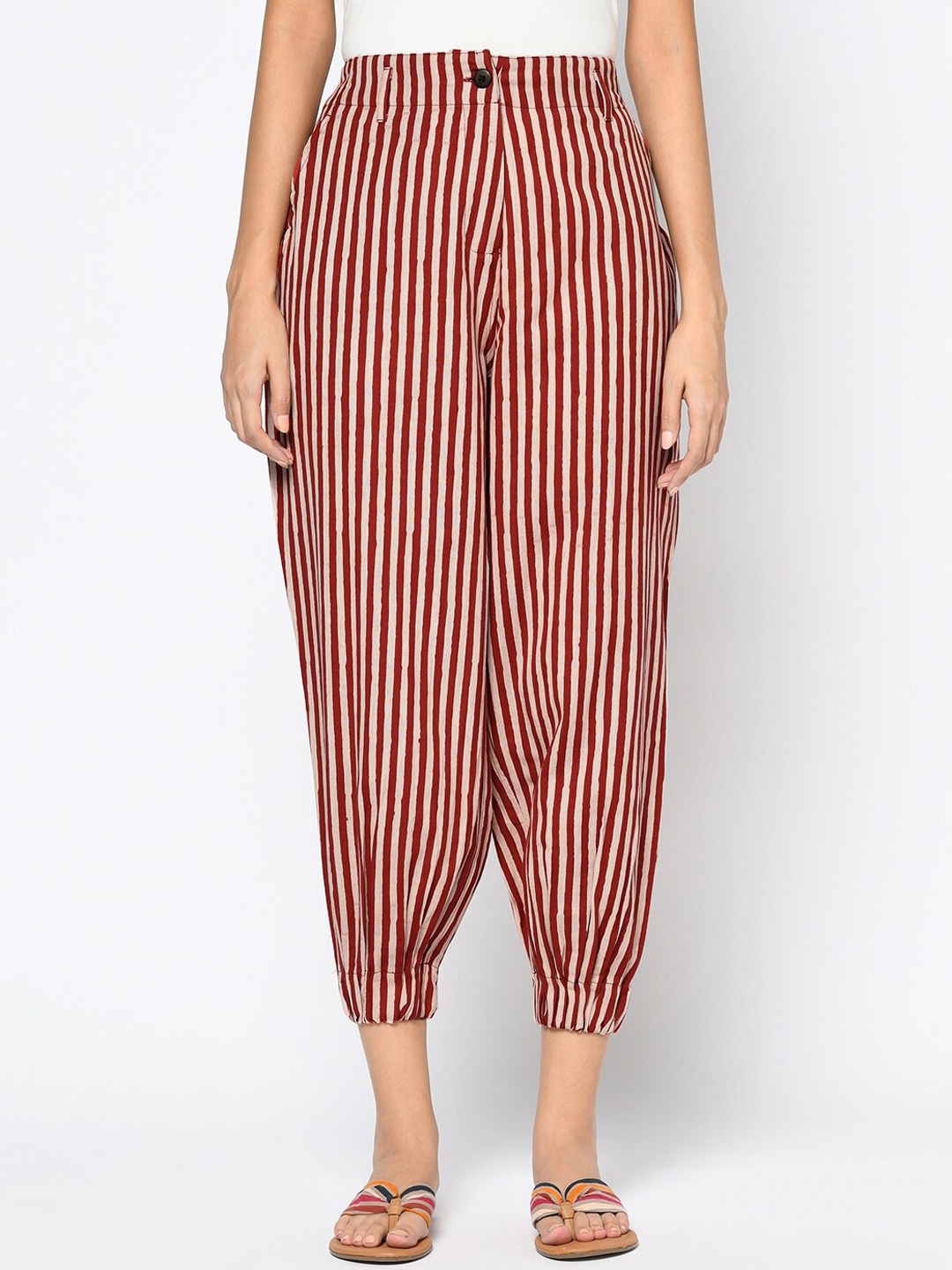 

Fabindia Women Striped Cotton Casual Joggers, Red