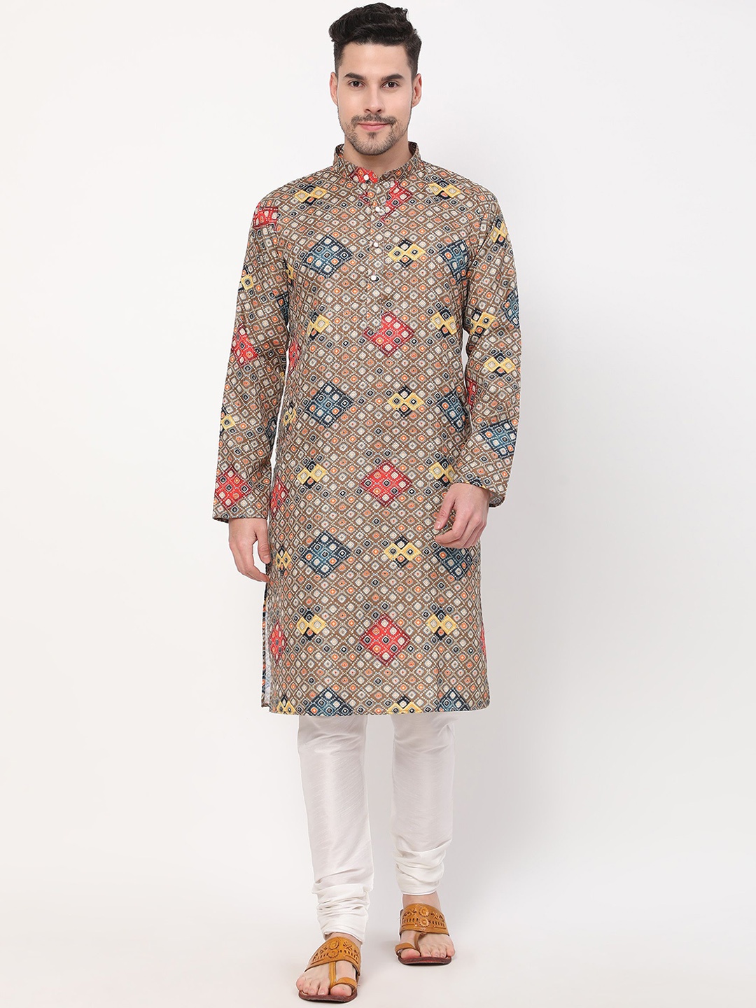 

PREMROOP- THE STYLE YOU LOVE Ethnic Motif Printed Mandarin Collar Kurta, Beige