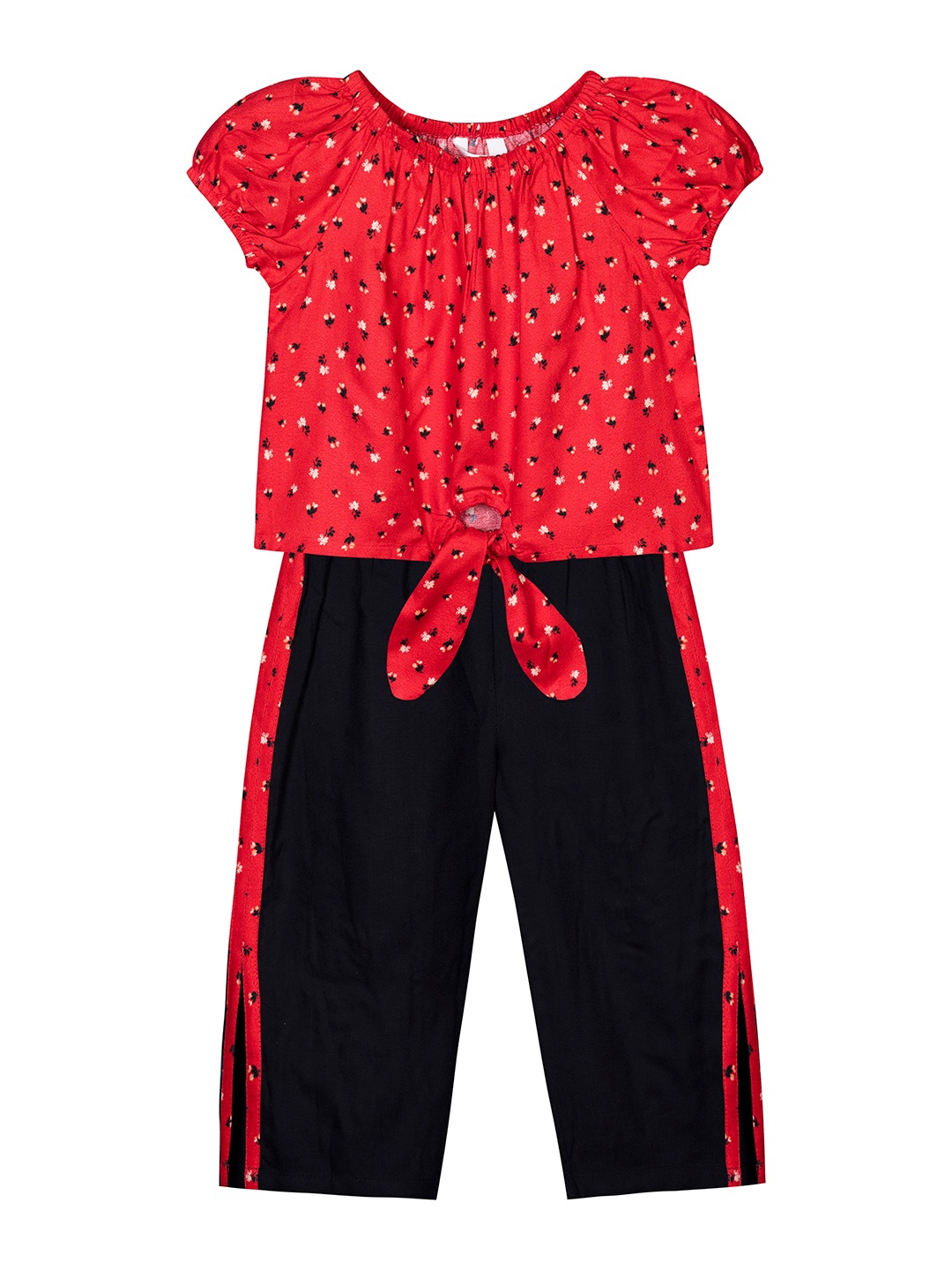

Budding Bees Girls Printed Round Neck Top with Trousers, Red