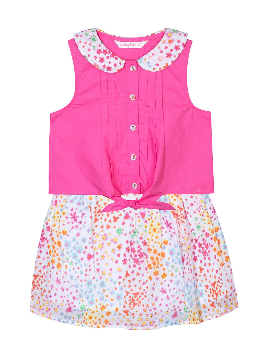 

Budding Bees Girls Pure Cotton Top with Skirt, Pink