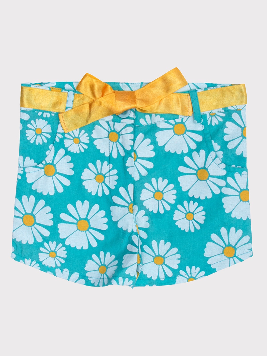 

Nino Bambino Girls Floral Printed Cotton Shorts With Satin Belt, Turquoise blue