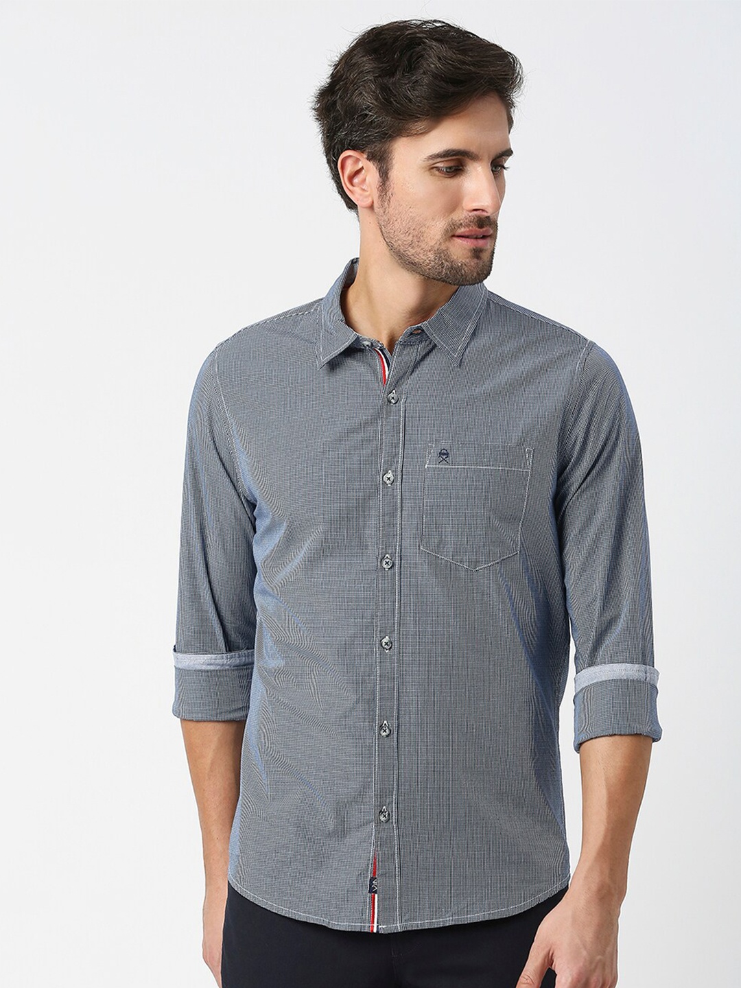 

Thomas Scott Checked Pure Cotton Slim Fit Casual Shirt, Navy blue