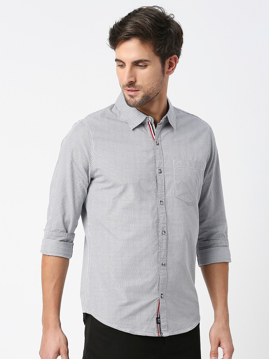 

Thomas Scott Micro Checks Pure Cotton Slim Fit Casual Shirt, Grey