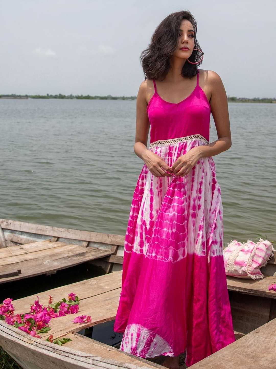 

Zanaash SIlk Tie-Dye Shoulder Straps Maxi Dress, Pink