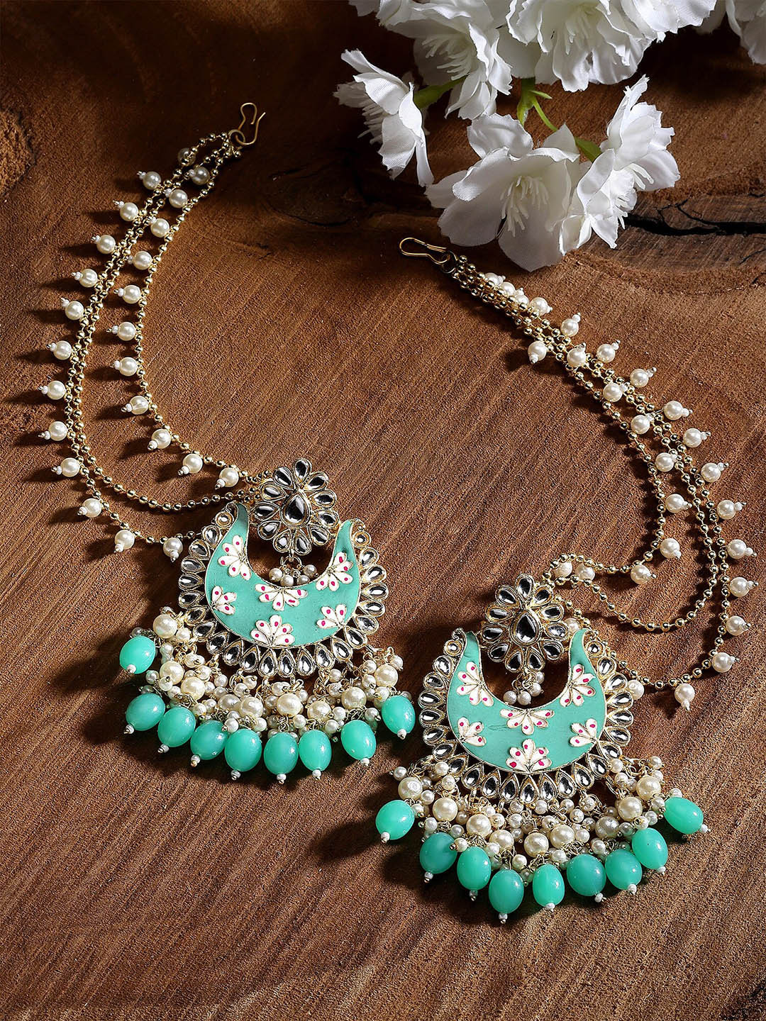 

KARATCART Gold-Plated Contemporary Drop Earrings With Ear Chain, Sea green