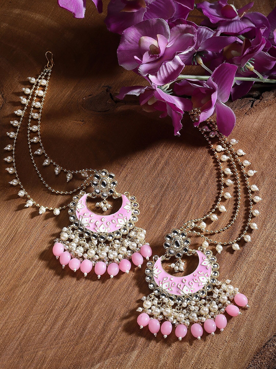 

KARATCART Gold-Plated Kundan Contemporary Chandbalis Earrings, Pink