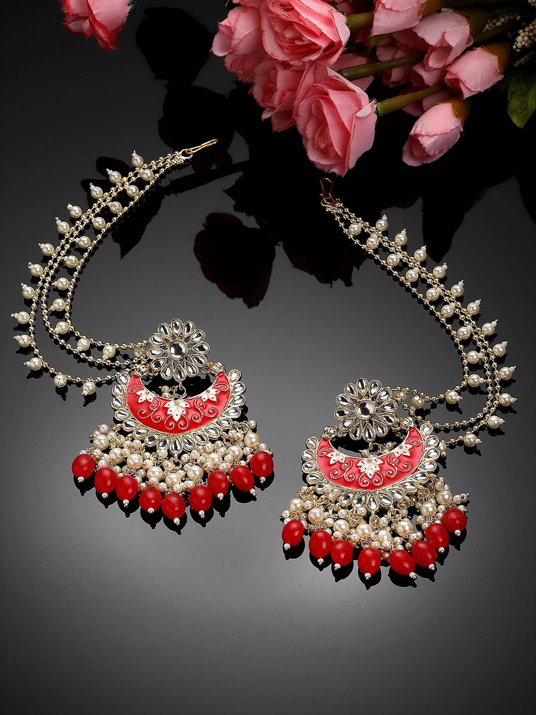 

KARATCART Gold-Plated Kundan Contemporary Chandbalis Earrings, Red