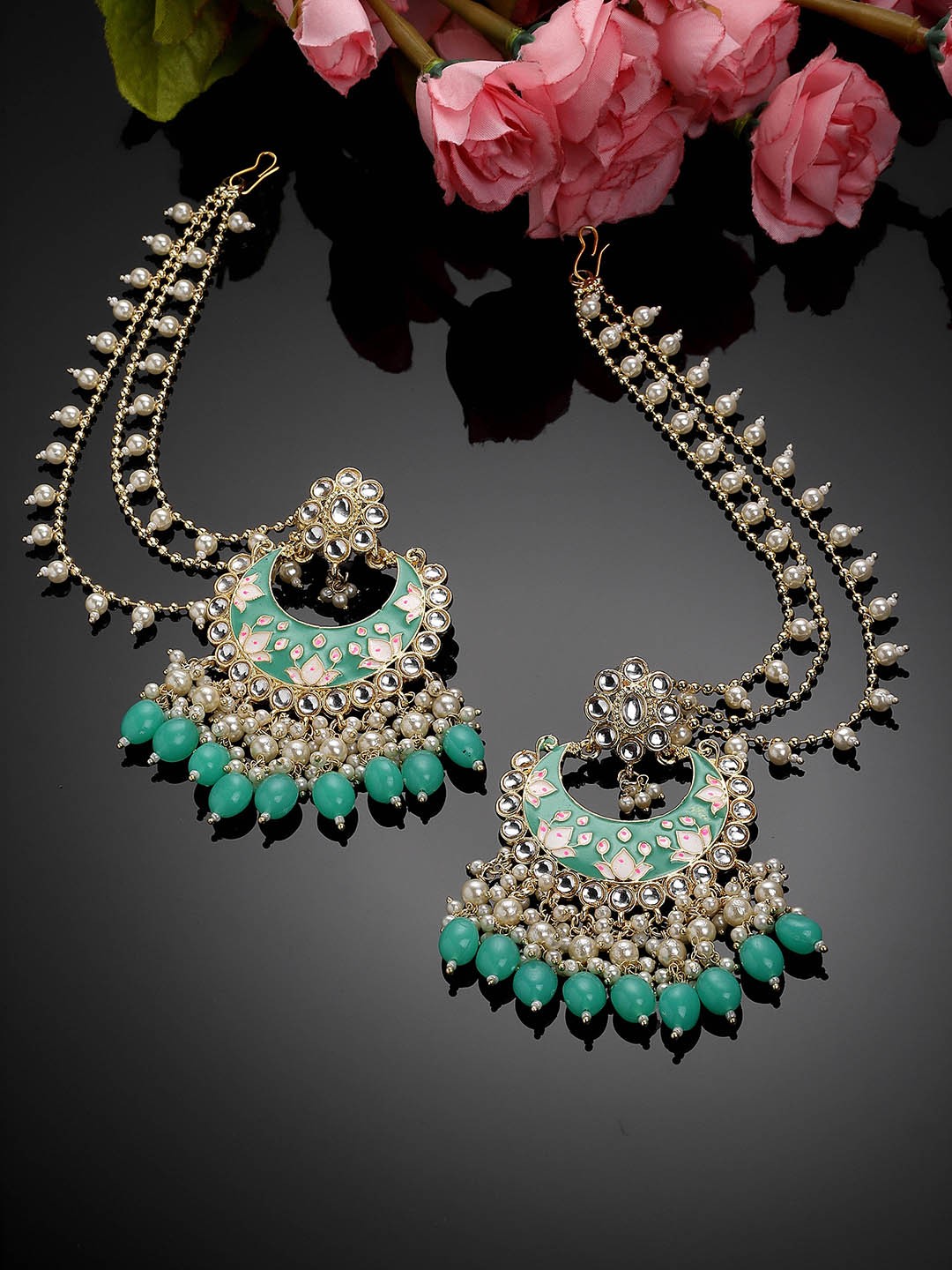 

KARATCART Contemporary Gold Plated Drop Earrings With Ear Chain, Lime green