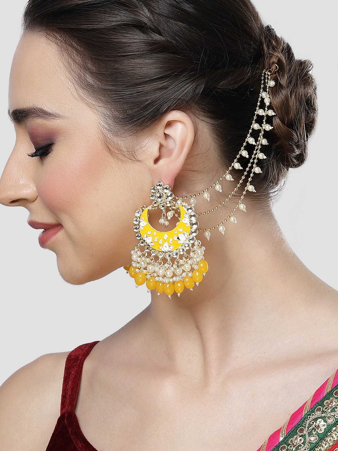 

KARATCART Meena Floral Design Gold Plated Pearl Studded Kaan chain Chandbalis Earrings