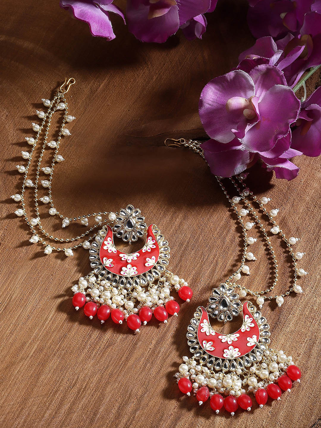 

KARATCART Gold-Plated Contemporary Chandbalis Earrings With Kaanchain, Red