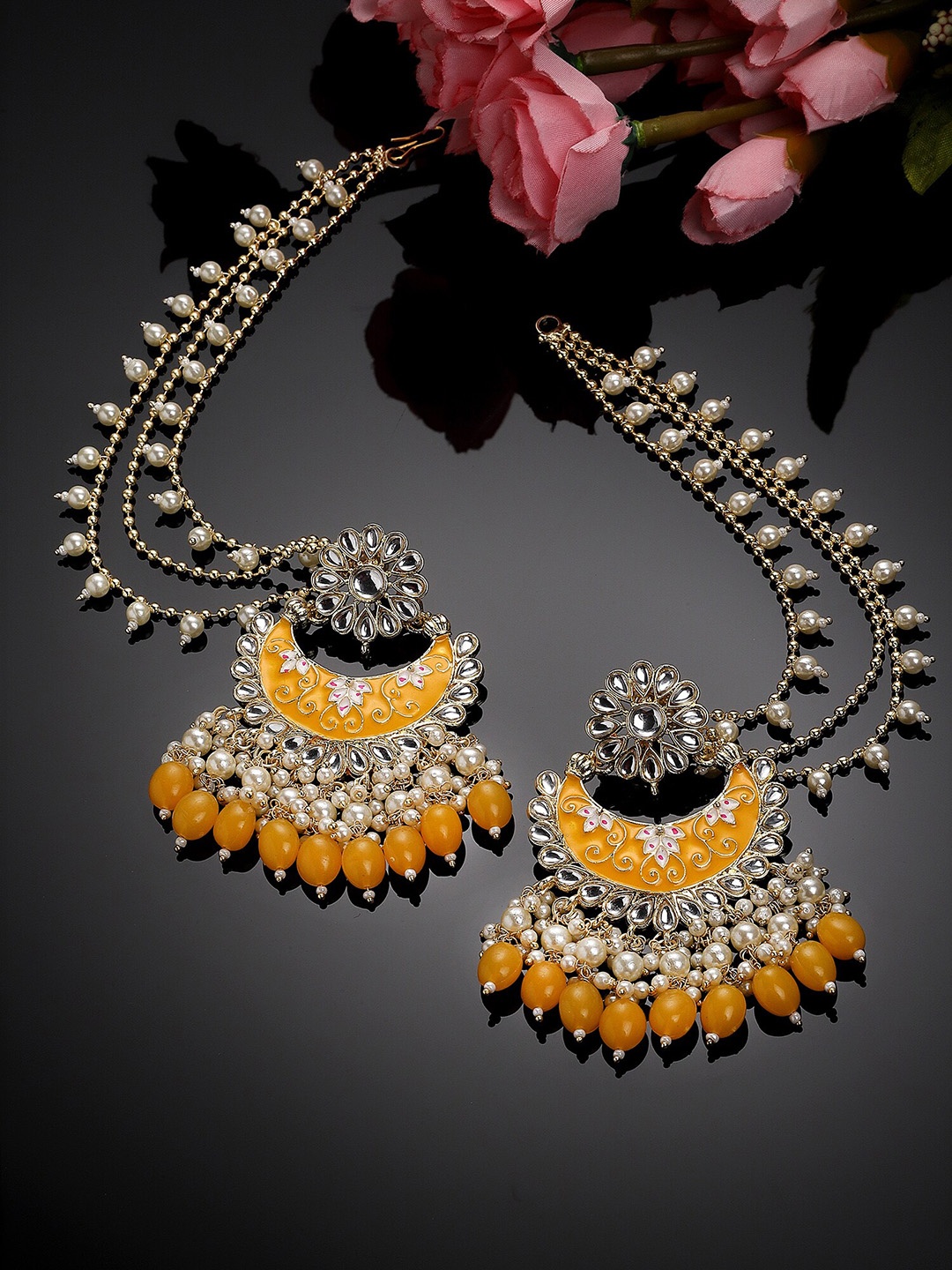 

KARATCART Contemporary Drop Earrings With Ear Chain, Yellow