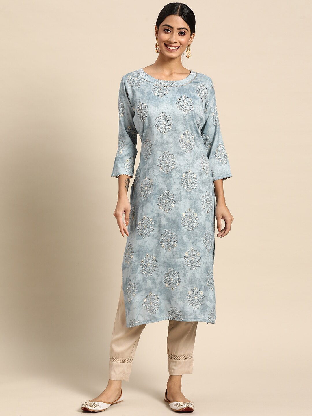 

Sangria Round Neck Ethnic Motifs Printed Beads & Stones Cotton Straight Kurta, Blue