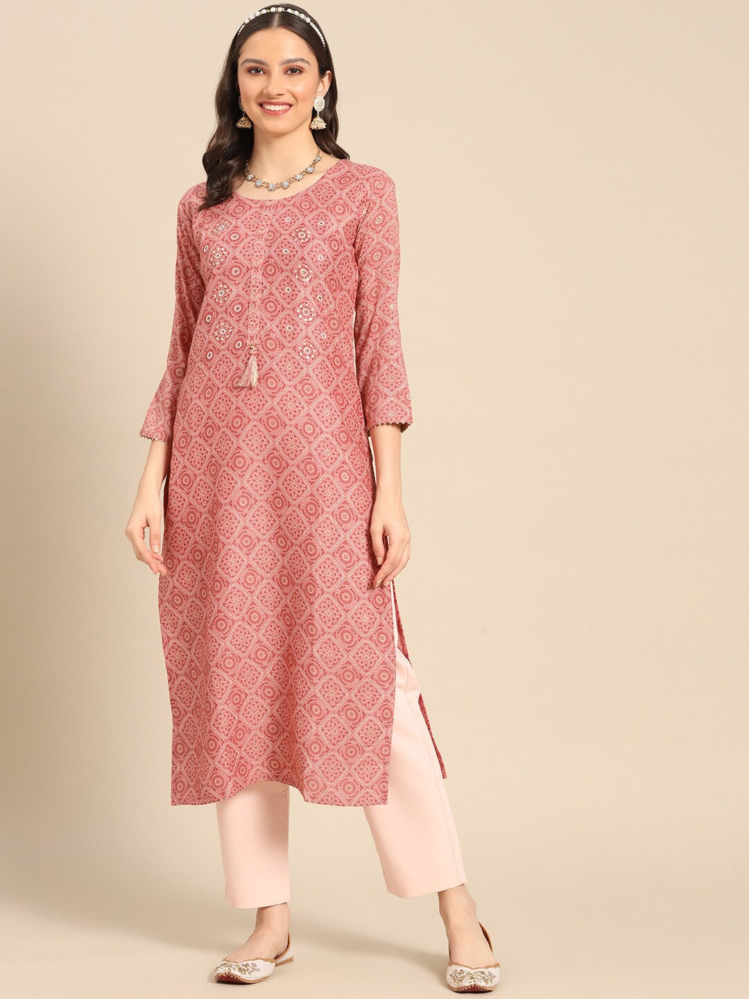 

Sangria Ethnic Motifs Printed With Beads and Stones Detail Straight Kurta, Pink