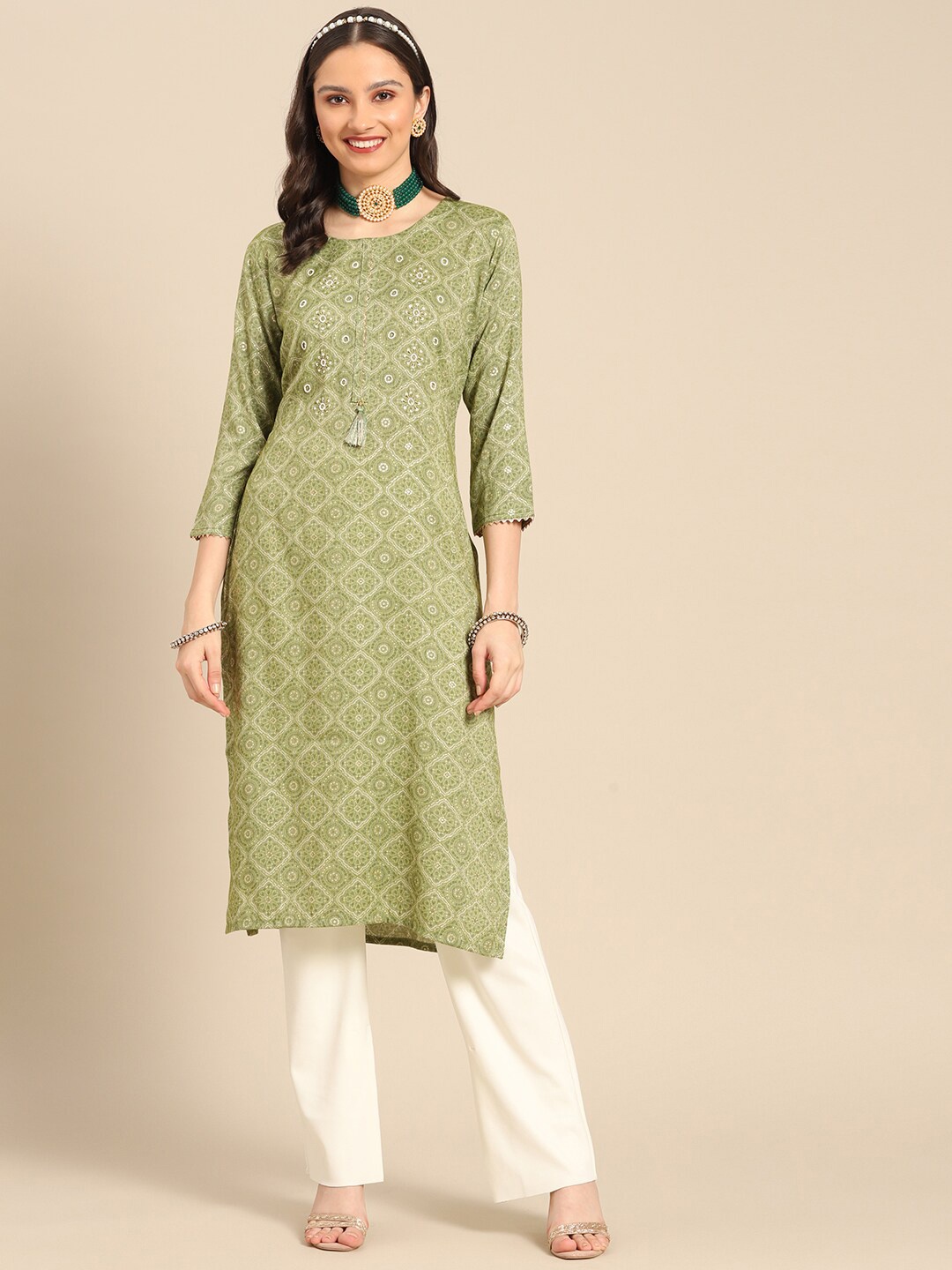 

Sangria Ethnic Motifs Printed With Embroidered Cotton Kurta, Green