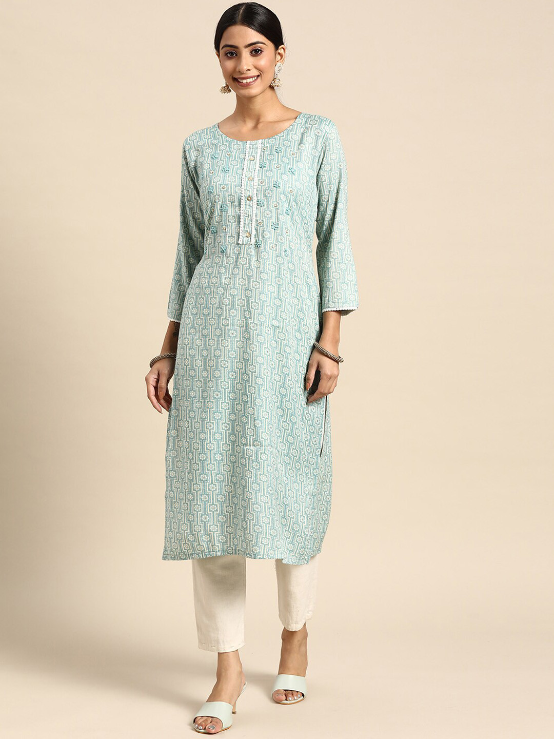 

Sangria Printed With Embroidered Cotton Kurta, Blue