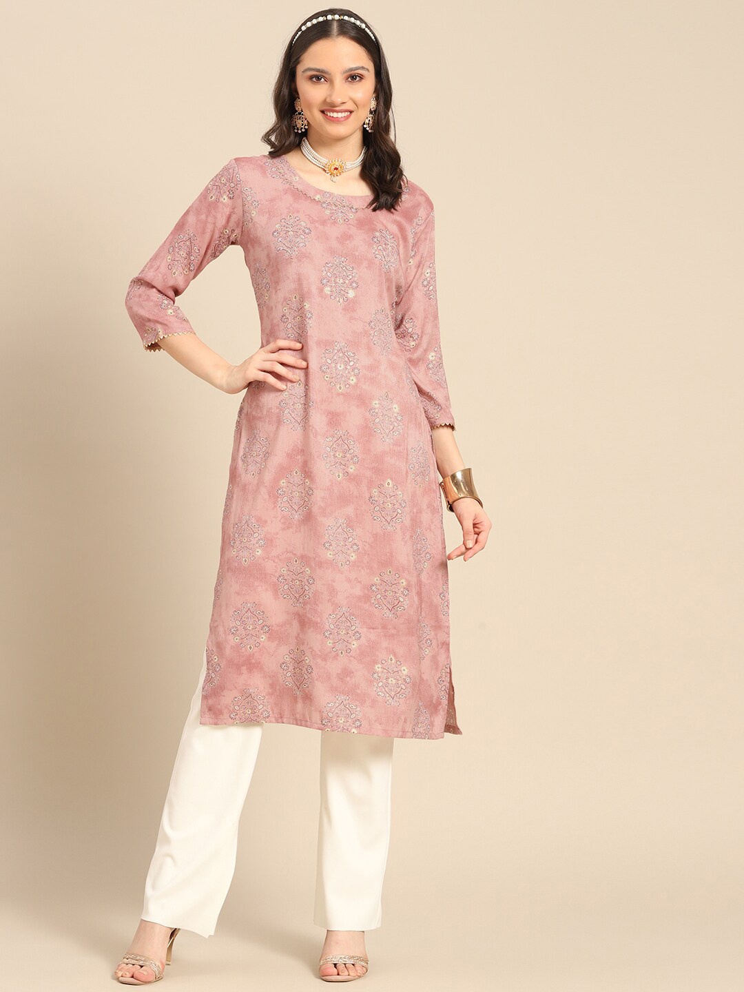 

Sangria Printed & Beads Embroidered Cotton Kurta, Peach