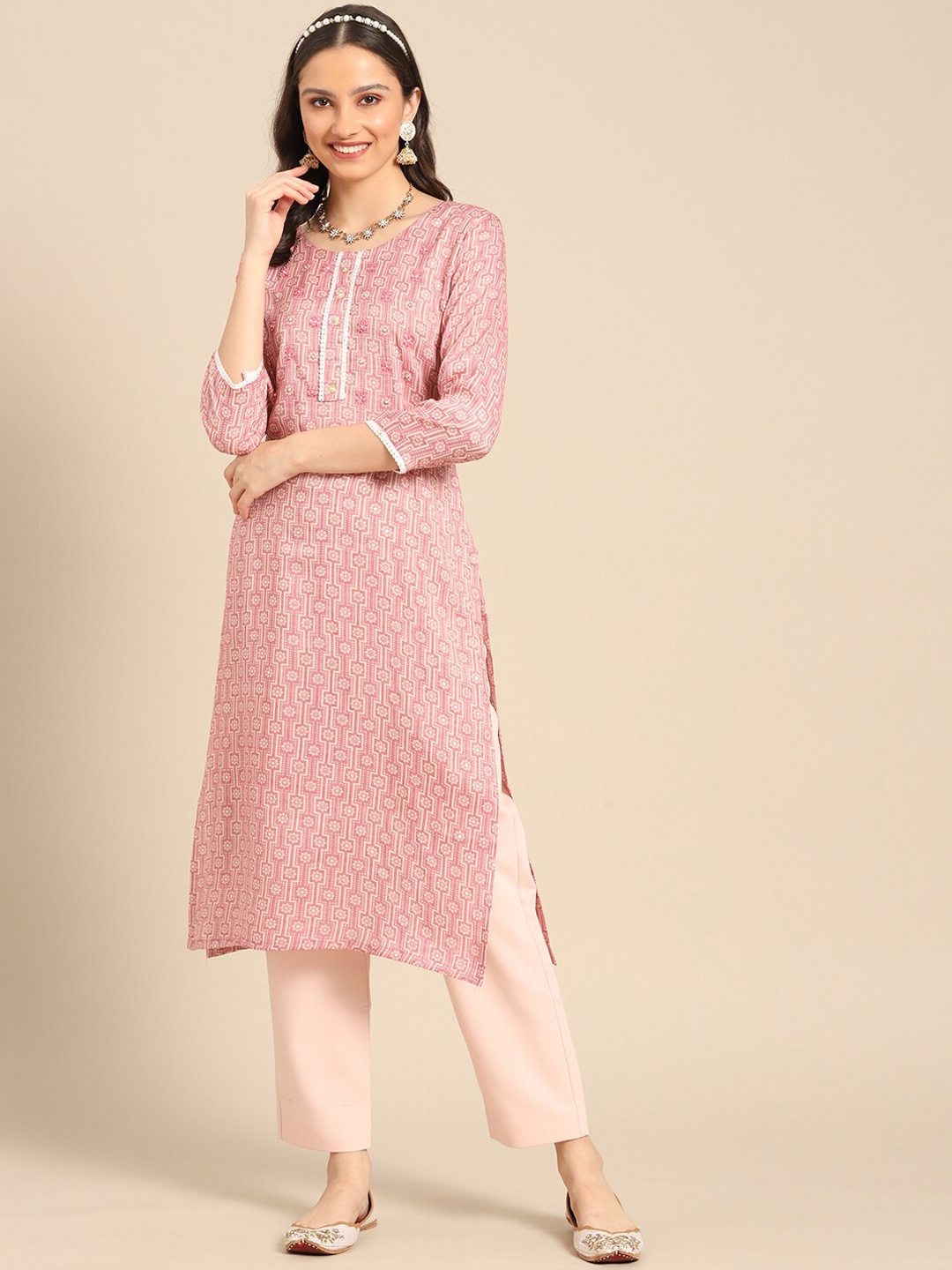 

Sangria Ethnic Motifs Printed Thread Work Straight Kurta, Pink