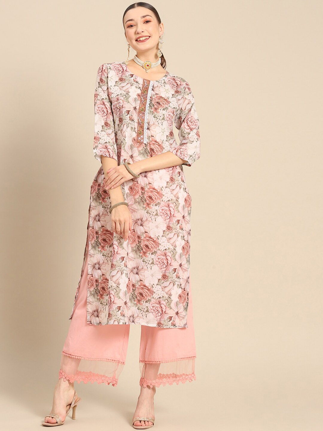 

Sangria Floral Printed Mirror Work Straight Kurta, Off white