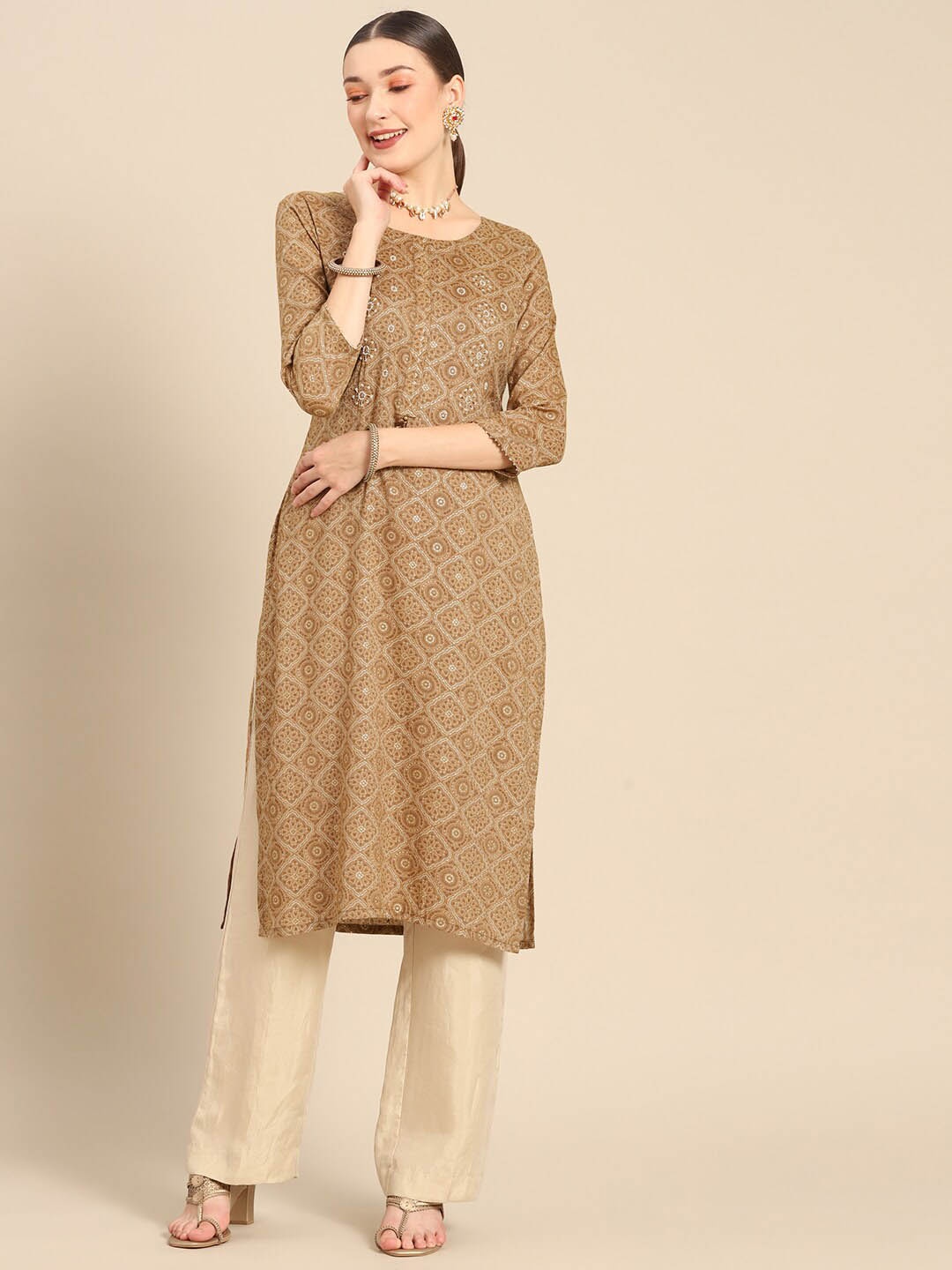 

Sangria Ethnic Motif Printed Thread Work Straight Kurta, Brown