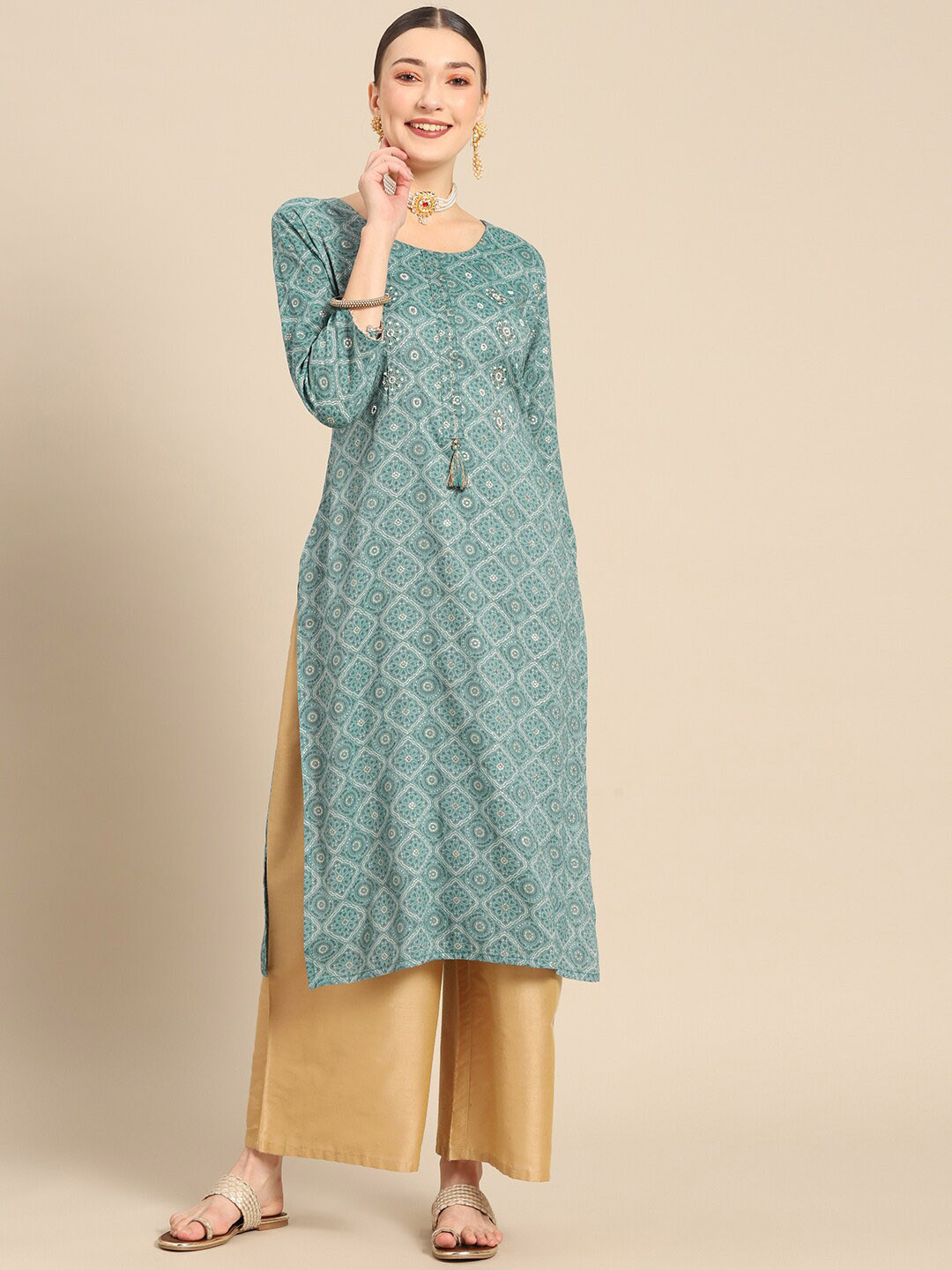 

Sangria Round Neck Ethnic Motifs Printed Beads & Stones Cotton Straight Kurta, Blue