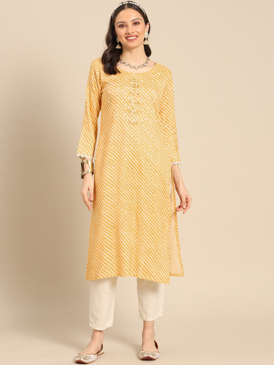 

Sangria Round Neck Srtiped Printed Beads & Stones Cotton Straight Kurta, Mustard