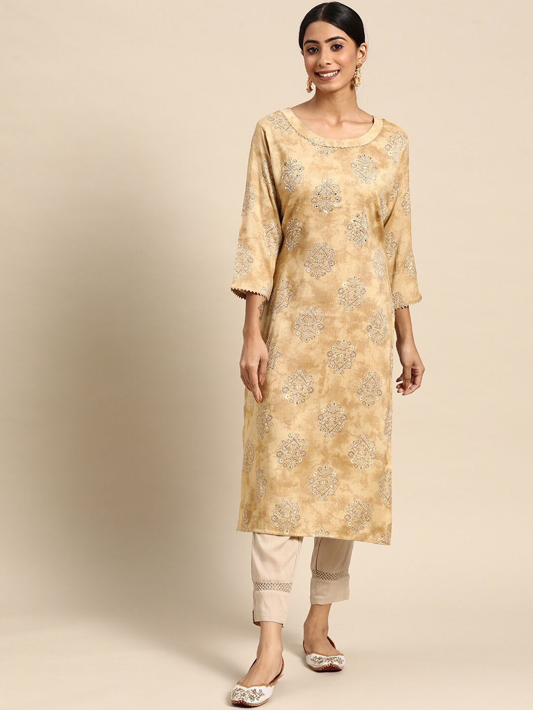 

Sangria Ethnic Motifs Printed Stones and Beads Kurta, Beige
